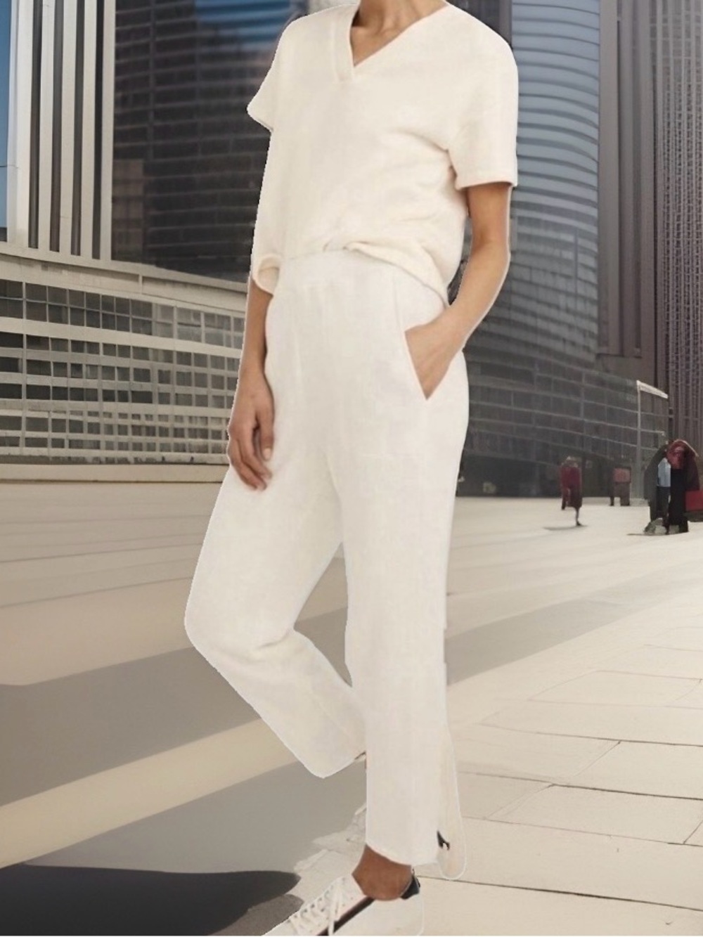 Madewell large MWL cream cozy sweat set v neck short sleeve top relaxed pant